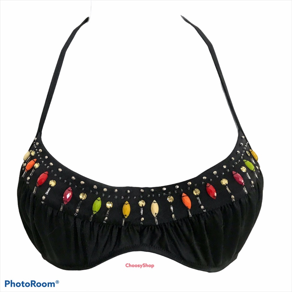 VS Bead & Rhinestone Black Embellished Bikini Top